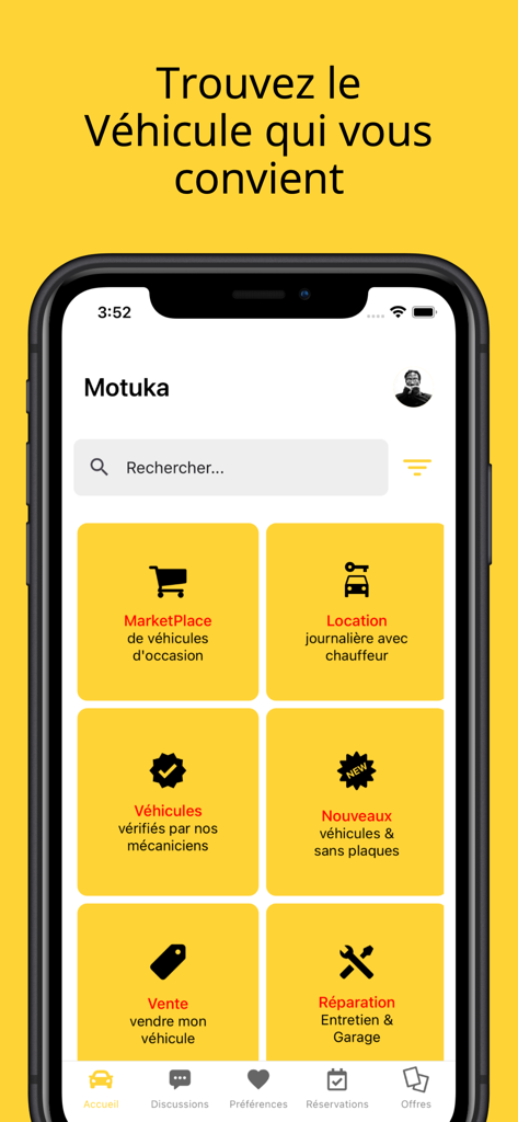 Motuka 모바일 앱 홈 화면, 자동차 마켓플레이스 렌탈 및 수리 서비스 특징