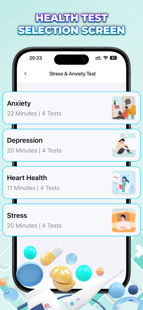 Vitaria: Blood Tracker - Interface de l'application Vitaria montrant les options pour les tests d'anxiété, de dépression, de santé cardiaque et de stress