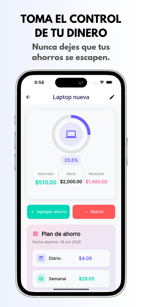 Smartphone screen showing a progress tracker for a savings goal to buy a new laptop in the Objetivo de Ahorro app.