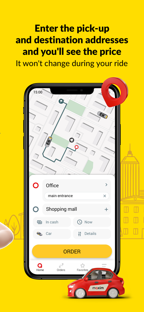 Interfaz de la app Maxim para pedir un taxi con precios fijos