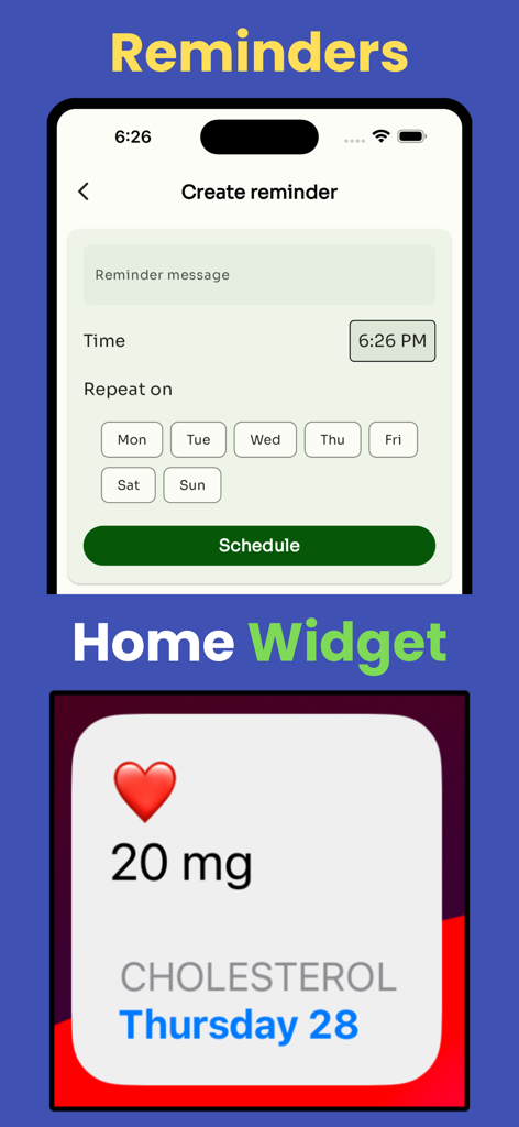 Cholesterol Tracker 2026 - Screenshots of the Cholesterol Tracker 2026 app showing custom reminder settings and a home screen widget with daily cholesterol intake