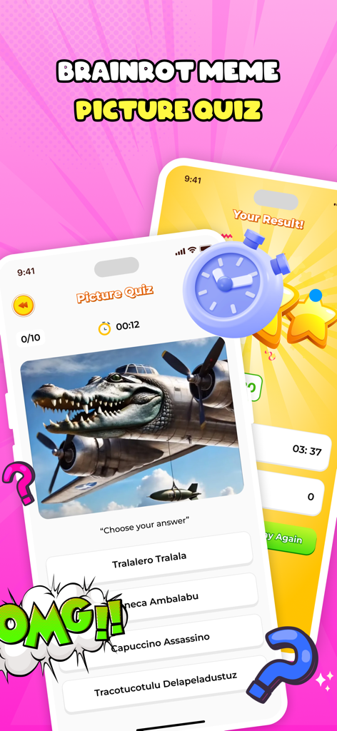 Italian Brainrot Wiki & Quiz - Smartphone screen displaying a Brainrot meme picture quiz with a surreal crocodile-airplane image and multiple choice options.