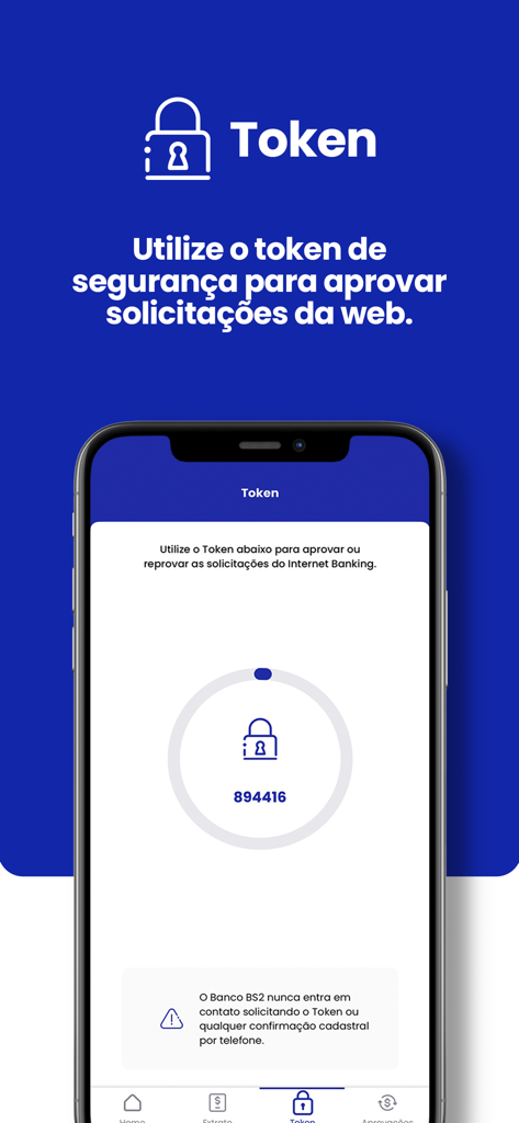 Mobile app screen showing a 6-digit security token for approving business banking web requests