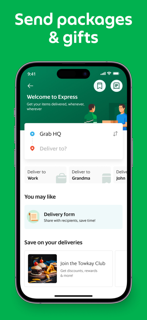 Grab app interface for the GrabExpress package and gift delivery service.