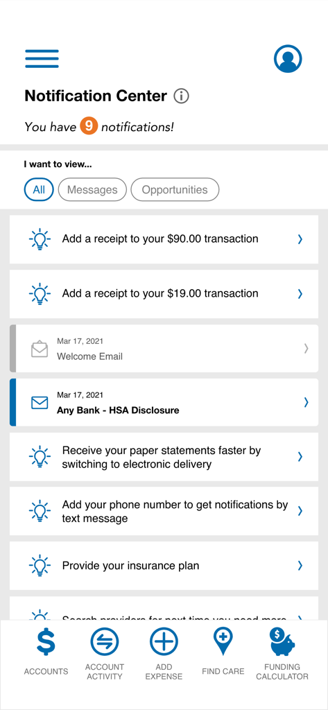WealthCare mobile app notification center screen displaying account alerts and receipt reminders
