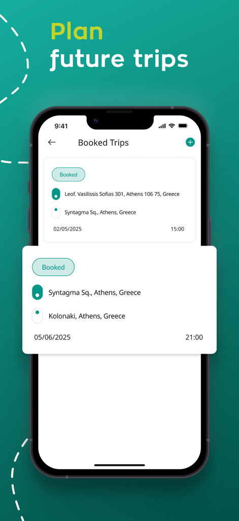A smartphone screen showing the booked trips feature of the Taxiplon app with scheduled taxi rides in Athens Greece