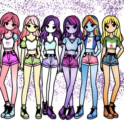 a group of girls wearing crop tops and shorts