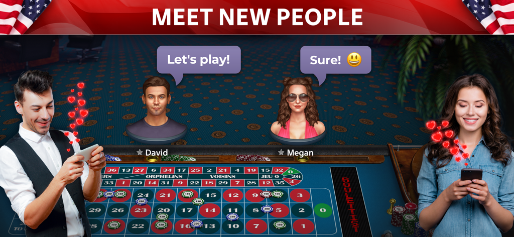 ルーレットをプレイしている2人のモバイルユーザーが、ゲーム内のソーシャルチャット機能を通じて交流しています