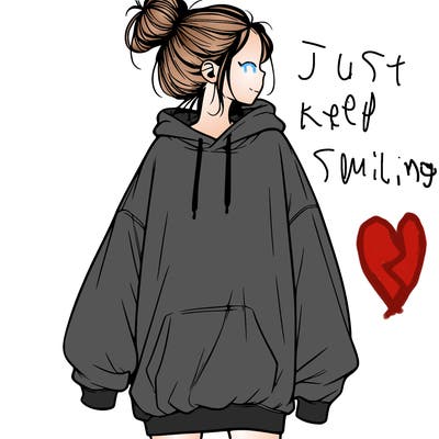 realistic girl with a oversized sweatshirt on and a bun