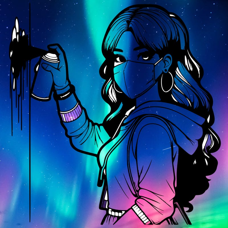 realistic girl with mask spray painting a wall