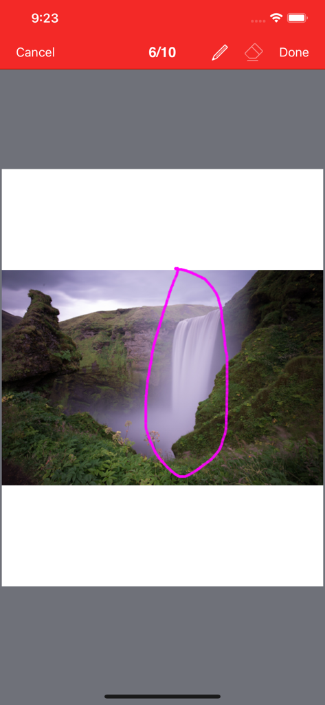 Power PDF - PDF Manager - Interface of Power PDF app showing a landscape photo being annotated with a pink circle using the drawing tool