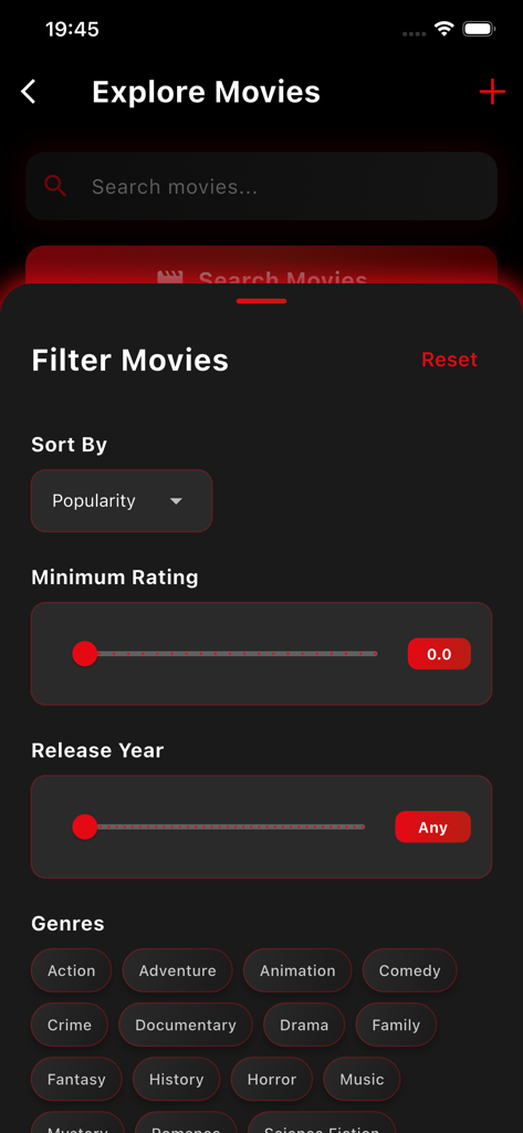 NetMirror app interface showing movie filter options including sort by popularity rating slider release year and genre selection tags