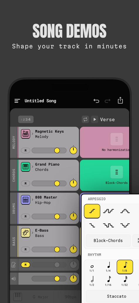 ChordButter: Easy Songwriting - ChordButter app interface displaying multiple instrument tracks for melody chords drums and bass with an overlay for arpeggio and rhythm settings