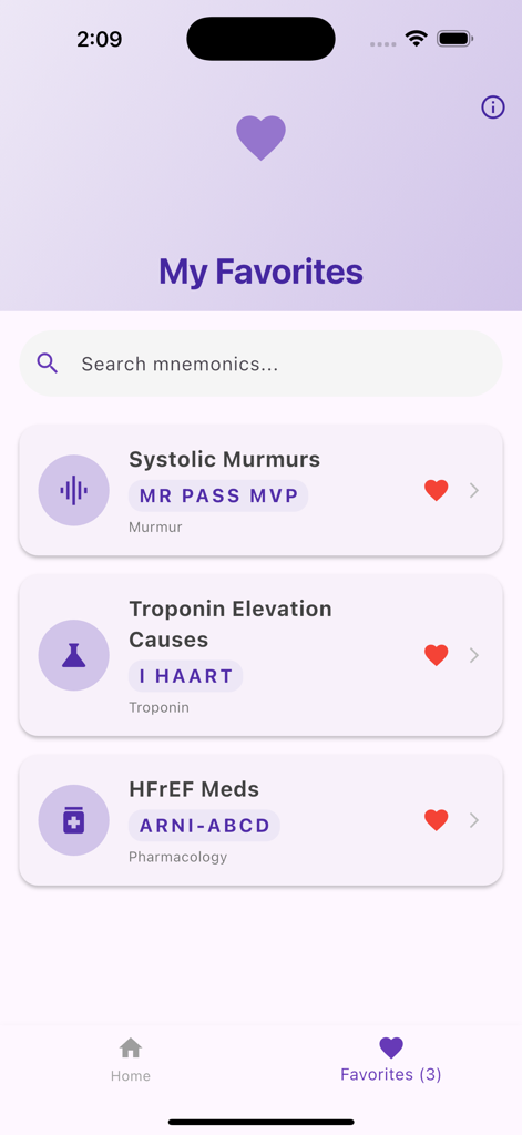 Cardiology Mnemonics - The favorites screen of the Cardiology Mnemonics app displaying a list of saved memory aids for systolic murmurs and troponin elevation.