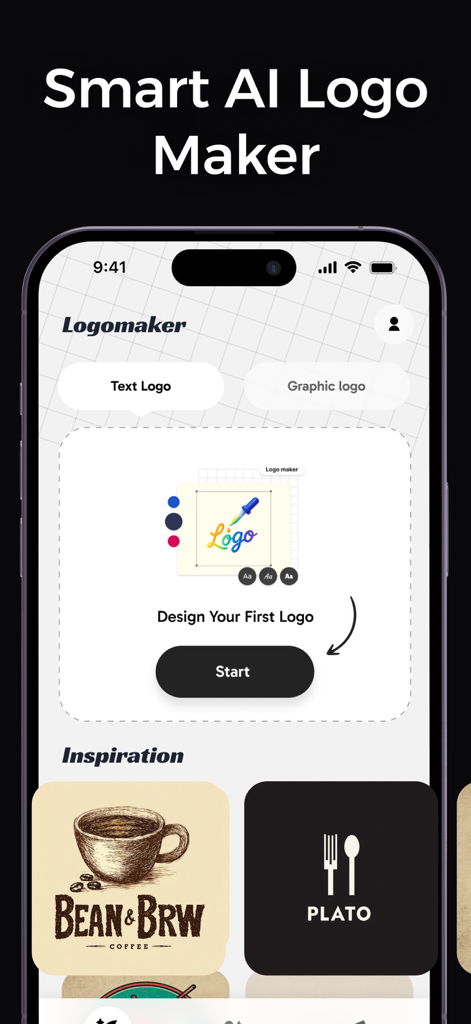 Logo Design: AI Logo Maker - Interfaz de la aplicación Smart AI Logo Maker que muestra opciones de diseño e inspiración