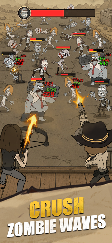 Two heroes defending against a massive wave of cartoon zombies in Survivors Squad.