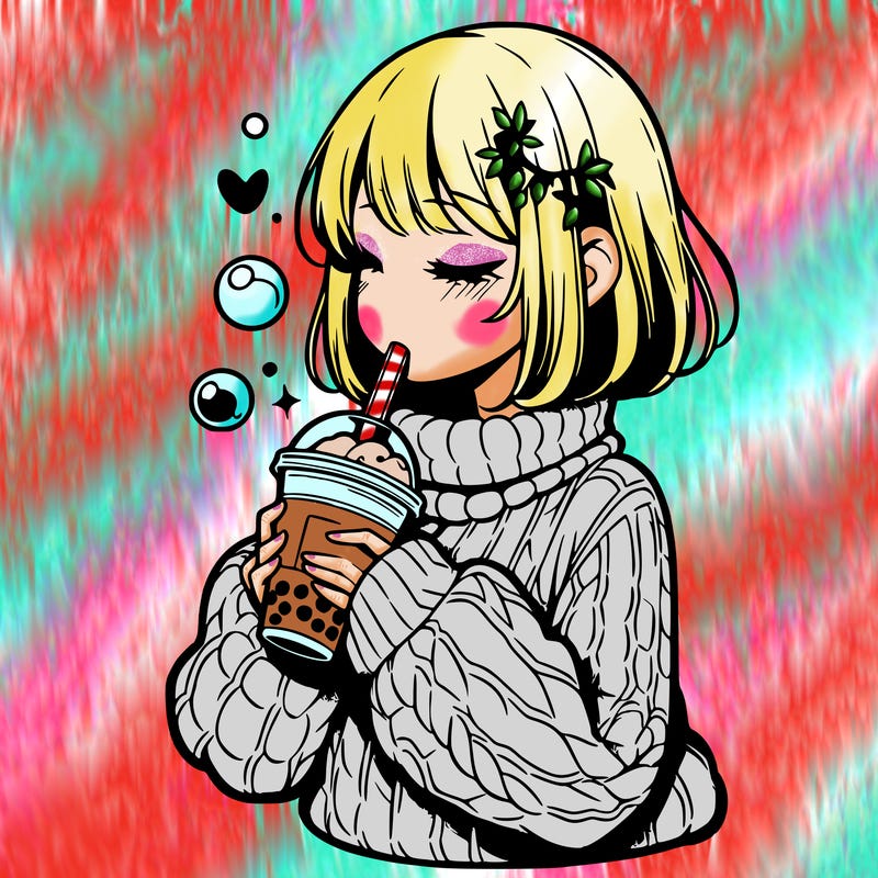 manga girl drinking boba in cozy sweater
