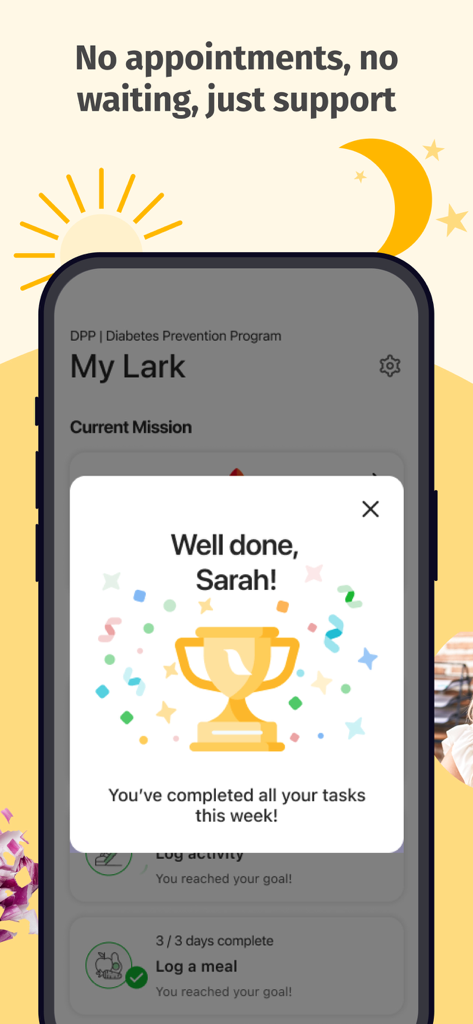 Lark Health - Lark Health app screenshot showing a congratulations message for completing weekly tasks.