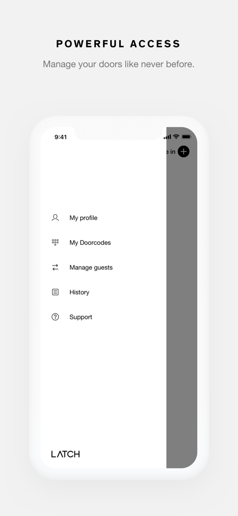 Pantalla de smartphone mostrando el menú lateral de la app Latch con opciones para doorcodes y gestión de invitados