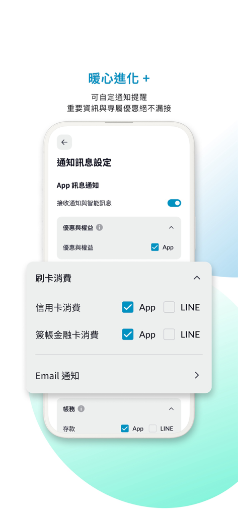 Fubon+ 台北富邦行動銀行 - Fubon+ mobile banking app interface showing customizable notification settings for credit card and debit card transactions