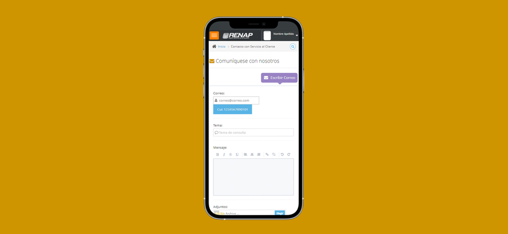 RENAP SE - Customer service contact form within the RENAP SE mobile application