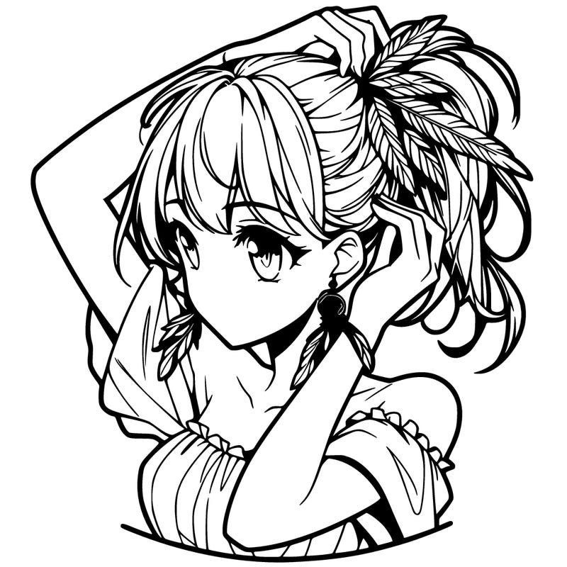 anime girl tucking her hair behind her ear with feathered earrings
