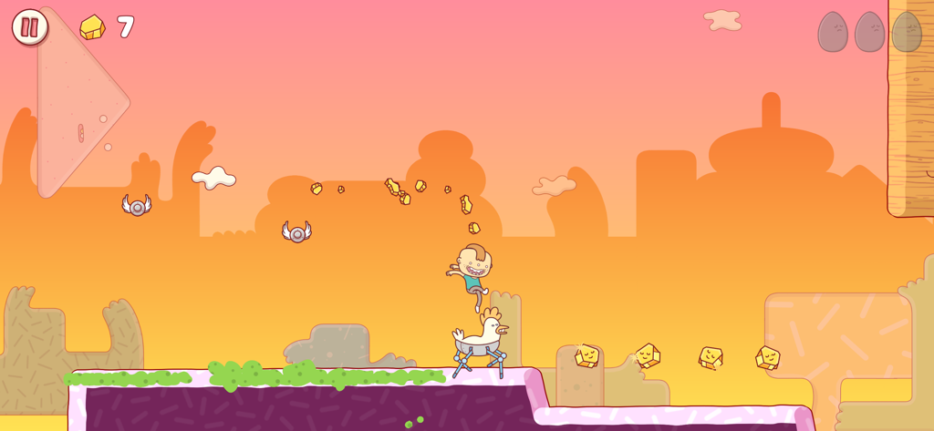 Gilbert jumping over a robot chicken in the game Eggggg