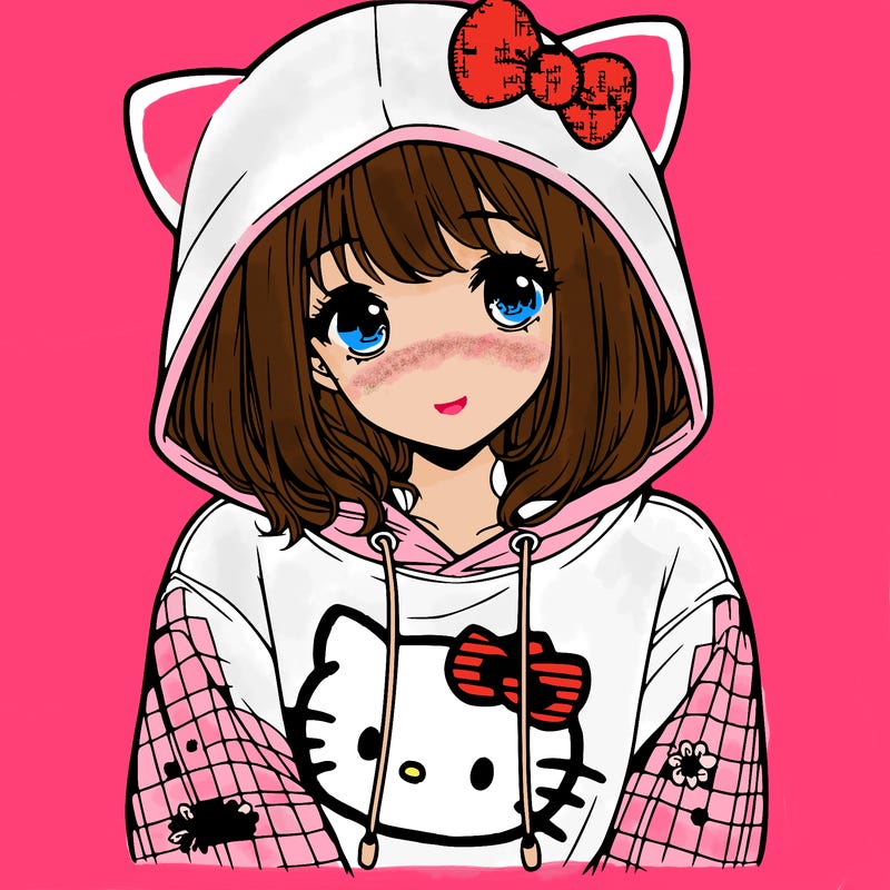 a girl wearing a hello kitty sweater with hood also realistic