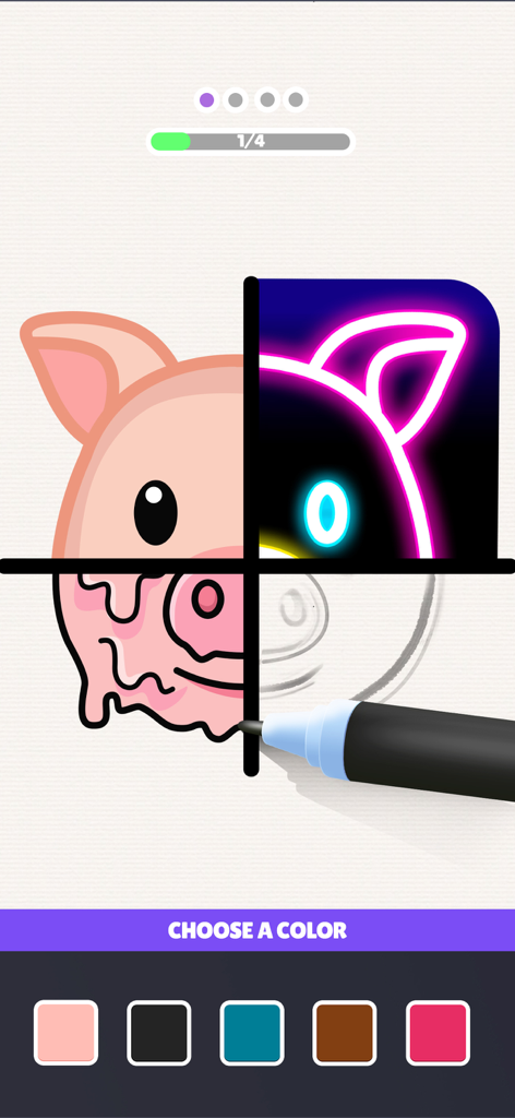 Drawing Carnival - Drawing Carnival game screen showing a pig face divided into different artistic styles including neon and drip paint