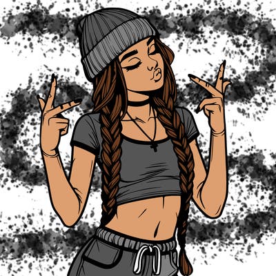 realistic teenage girl with braids and a beanie and crop top doing 🫶🏼