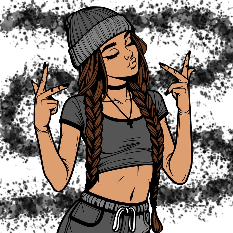 realistic teenage girl with braids and a beanie and crop top doing 🫶🏼