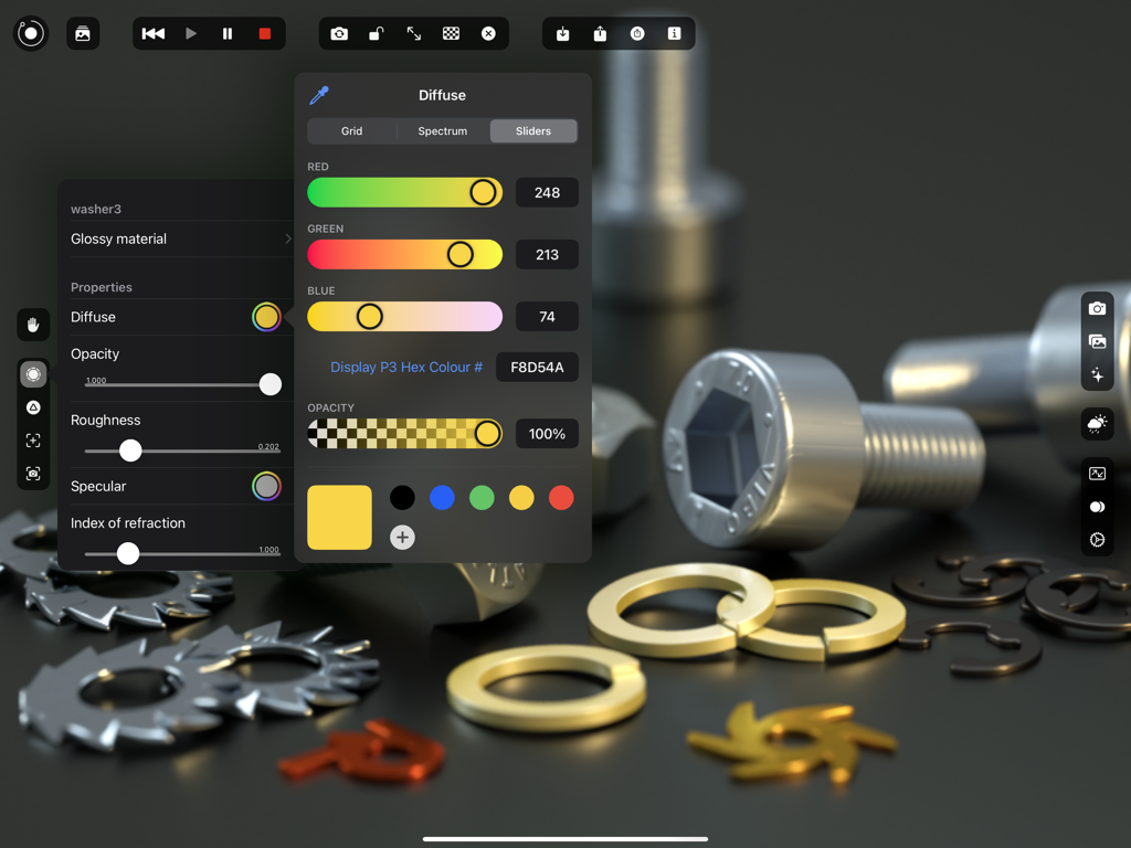 金属ハードウェアコンポーネントのフォトリアルなレンダリングと3Dマテリアル設定を表示するiPad上のOctane Xインターフェイス。