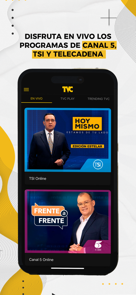 Televicentro app interface showing live news programs from Canal 5 and TSI in Honduras.