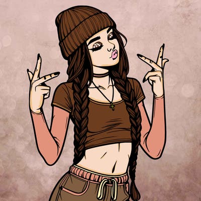 realistic teenage girl with braids and a beanie and crop top doing 🫶🏼