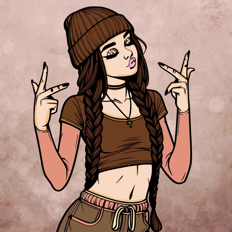 realistic teenage girl with braids and a beanie and crop top doing 🫶🏼