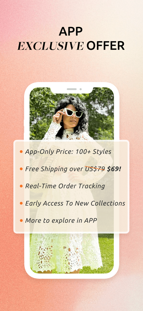 Rosewe app exclusive offer screen listing benefits like free shipping and real-time order tracking.