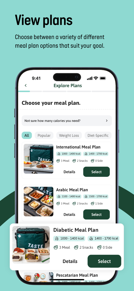 Kcal Meal Plans - Schermata dell'app Kcal Meal Plans che mostra varie scelte di piani pasto, incluse opzioni internazionali e per diabetici