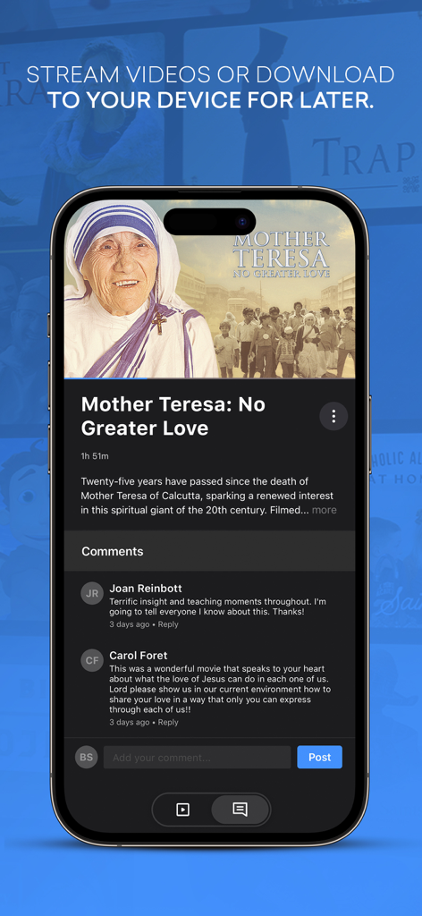 Formed - Formed app screenshot showing the Mother Teresa No Greater Love movie page with user comments and streaming options.