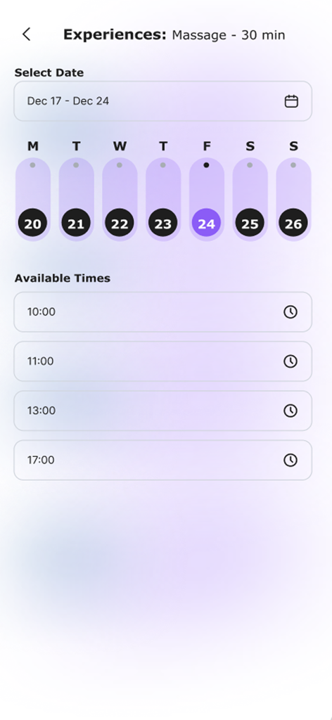 Infinito Experiences - Interfaz de reserva para una experiencia de masaje de treinta minutos que muestra la selección de fecha y los horarios disponibles