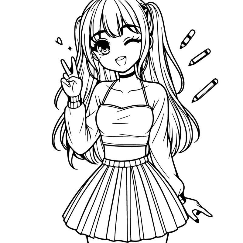 cute manga teen girl wearing a pleated mini skirt and a crop top with straight hair in a high pony winking