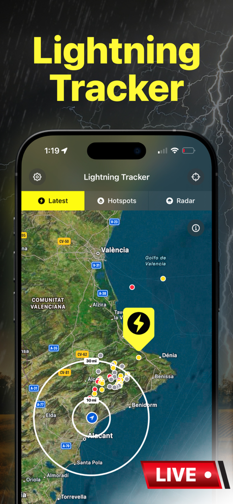 Real-time lightning tracker app interface displaying proximity alerts and strike locations on a map.