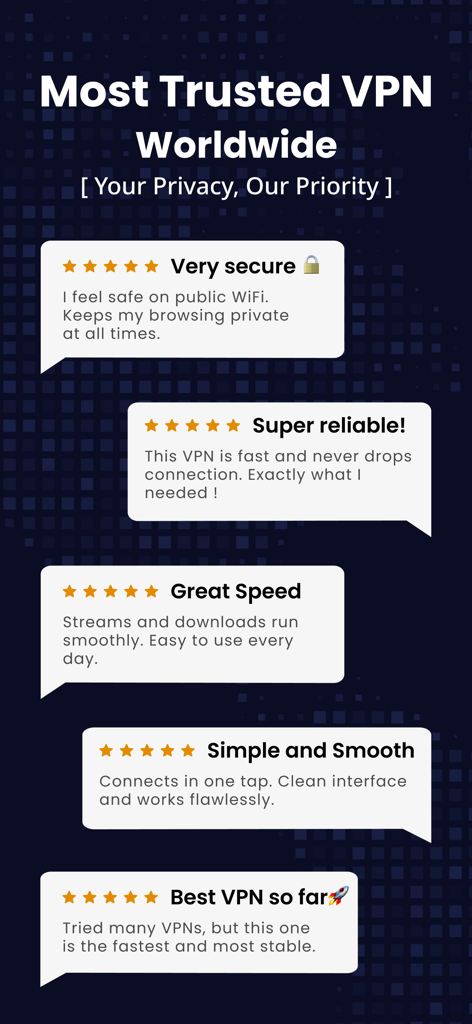Five star user reviews highlighting security speed and reliability for Quick VPN app