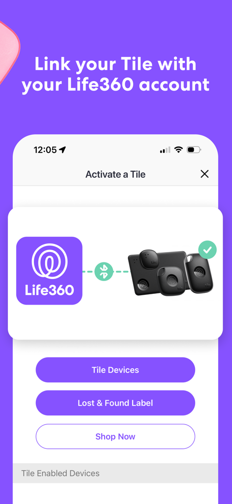 Interface for linking a Tile tracker with a Life360 account showing various Tile devices