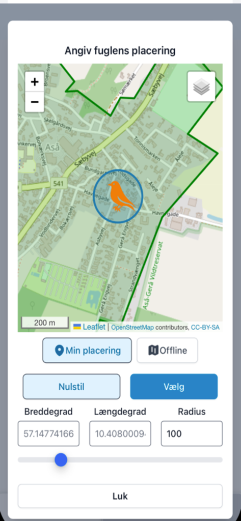 DOFbasen Indtastning - Map view in DOFbasen Indtastning app for specifying bird observation coordinates