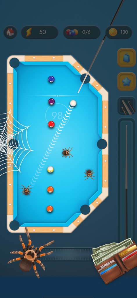 Nível de quebra-cabeça temático de aranha no jogo mobile 8 Balls Pool Billiards