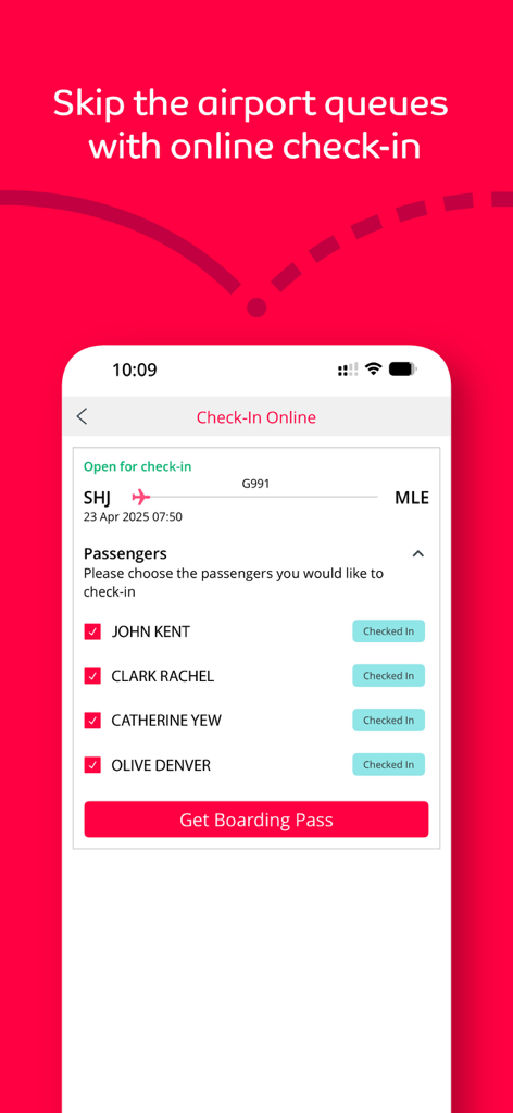 Interface de l'application Air Arabia pour l'enregistrement en ligne avec une liste de passagers et un bouton pour obtenir les cartes d'embarquement.