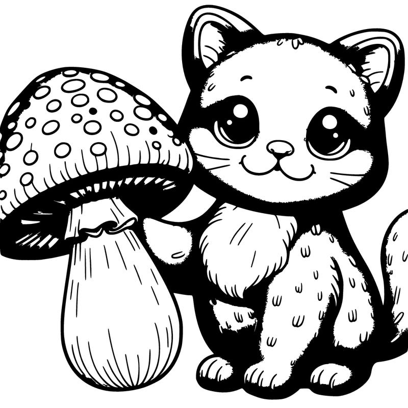 purple realistic cat holding a mushroom