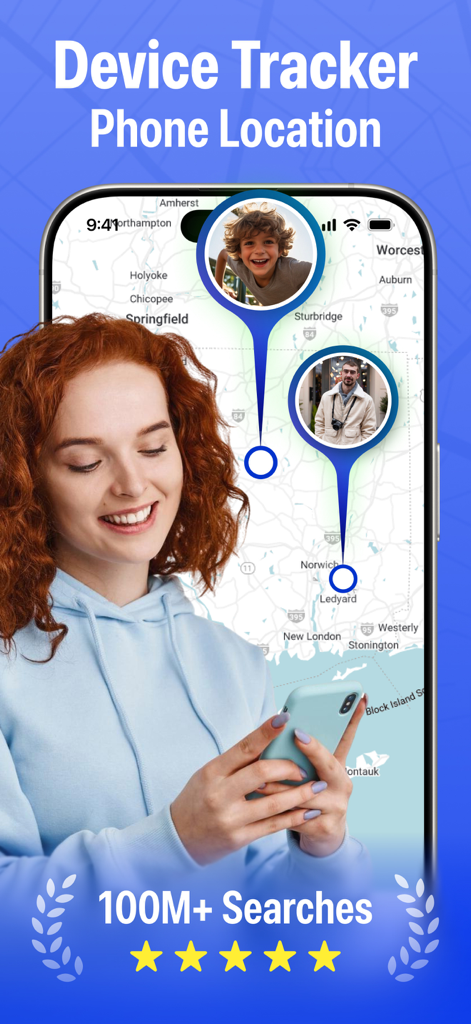 My Phone Tracker・Track Device - Une femme utilise l'application de localisation de téléphone pour visualiser les emplacements des membres de la famille en temps réel sur une interface cartographique.