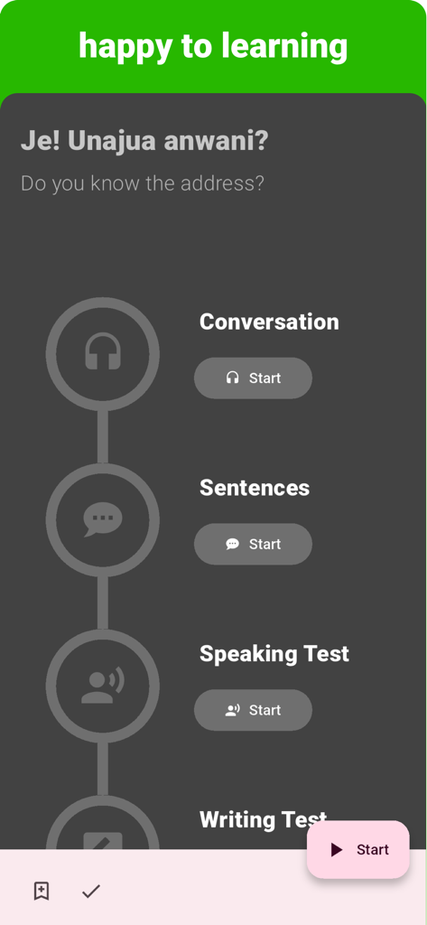 Swahili - Listening Speaking - Interface de l'application d'apprentissage du swahili affichant des options de leçons pour les phrases de conversation et la pratique de la parole