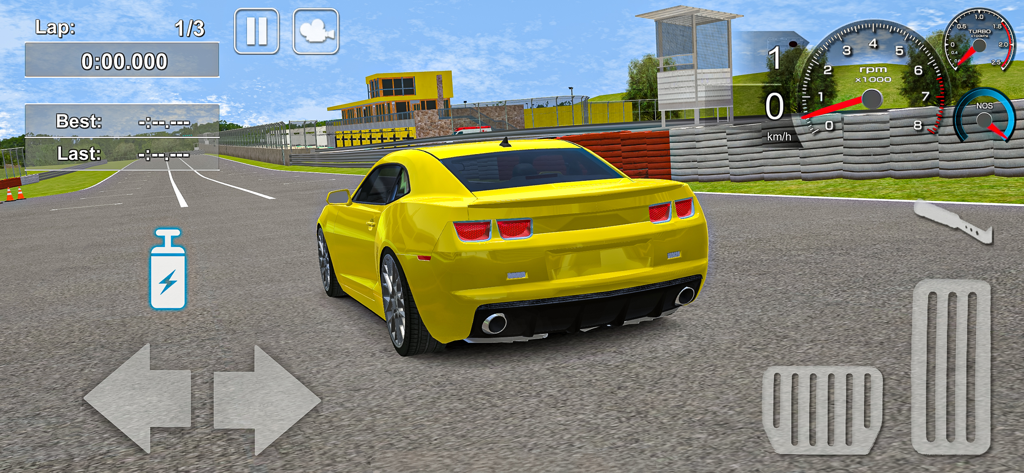 Fast Lap Racing - Rear view of a yellow sports car on a race track with game interface and speedometer